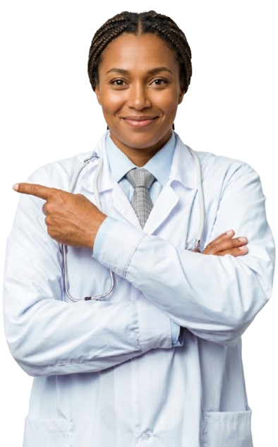 Médecin souriante en blouse blanche pointant vers les horaires d'ouverture 7j/7 de 9h à 20h