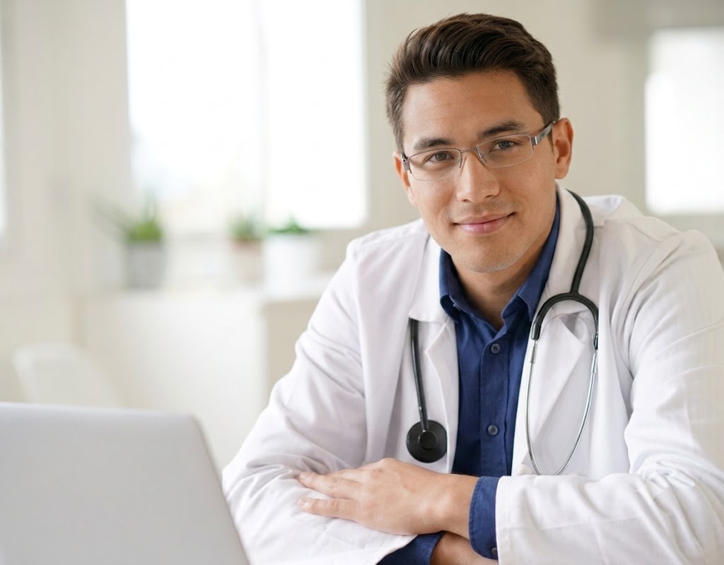 Médecin généraliste souriant en blouse blanche installé à son bureau de consultation
