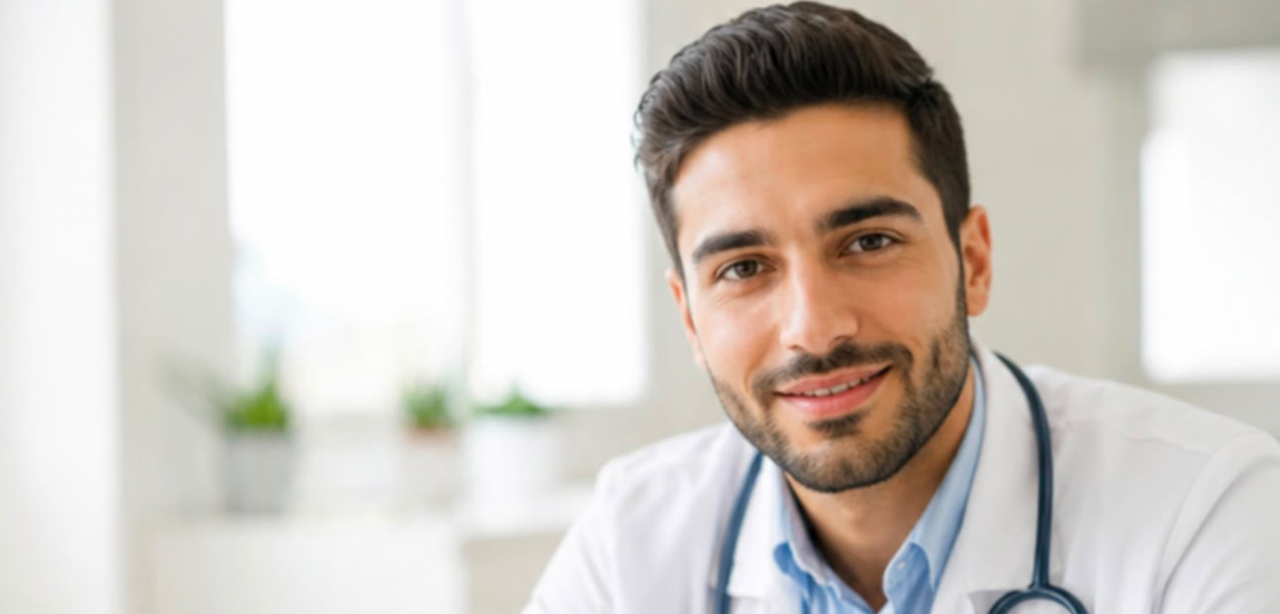 Médecin souriant en blouse blanche assis devant un ordinateur portable dans un cabinet médical