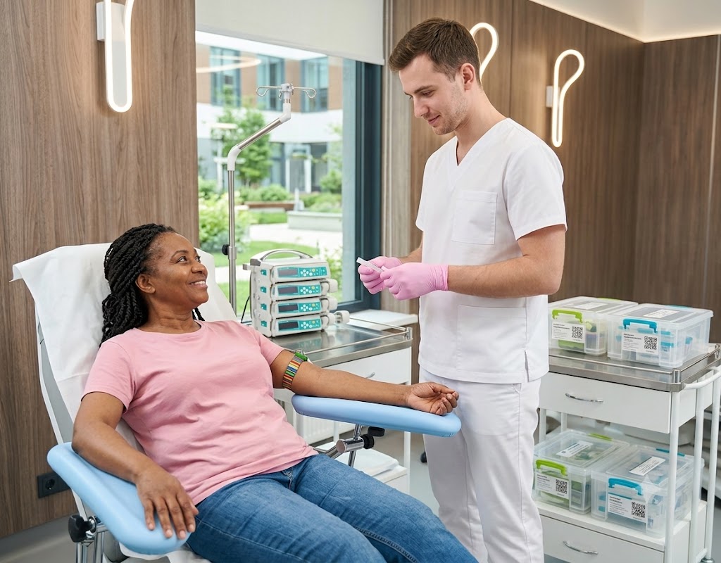 Infirmier réalisant un prélèvement sanguin sur une patiente assise en fauteuil de soins
