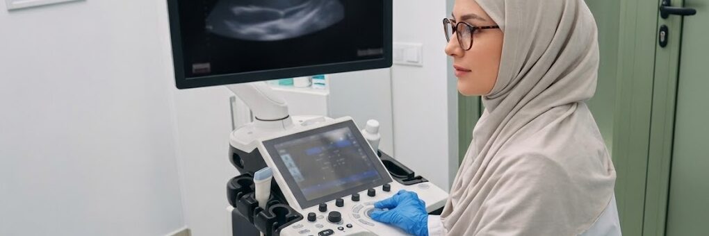 Spécialiste réalisant une échographie cardiaque sur un patient allongé en salle de soins