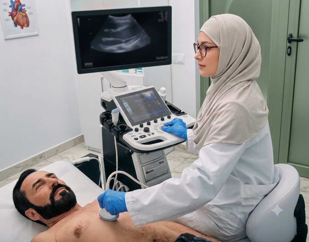 Spécialiste réalisant une échographie cardiaque sur un patient allongé en salle de soins