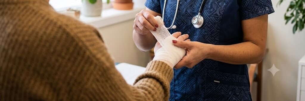 Infirmière soignant un pansement au poignet d'une patiente - service de traumatologie