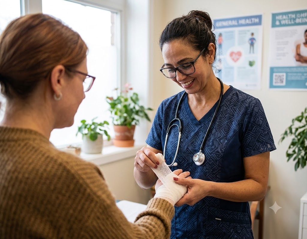 Infirmière soignant un pansement au poignet d'une patiente - service de traumatologie